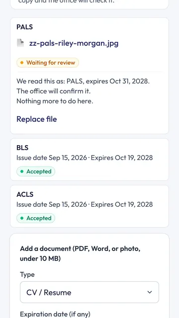 A provider's documents on a phone: a PALS certificate read as expiring October 31, 2028 and waiting for the office's review, with BLS and ACLS accepted.