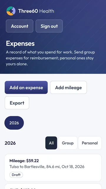 The Expenses screen on a phone, with buttons to add an expense or mileage and export, and a mileage entry of $59.22 for 84.6 miles.