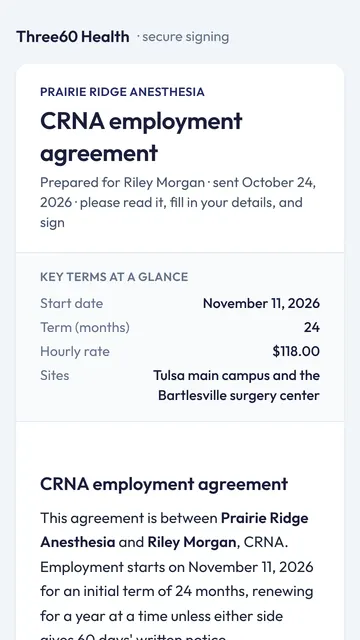 A CRNA employment agreement on a phone, showing the start date, a 24-month term, the hourly rate and the sites before the full text.