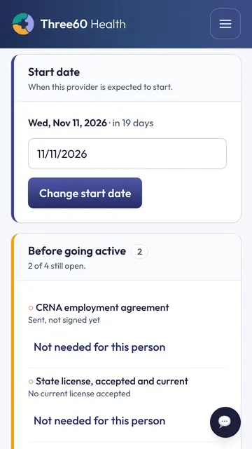 A provider's start date of November 11, 2026, and a Before going active list with 2 of 4 items still open.